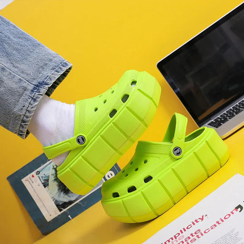 SHOWLU Women's lightweight platform garden clogs, EVA summer beach slides with open-toe design and slip-on style.
