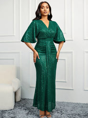 Women Sequin Dress Summer elegant V-Neck Ruffles Short Sleeves Vintage Pencil Pleats Slim Fit Fashion Banquet Cocktail Party