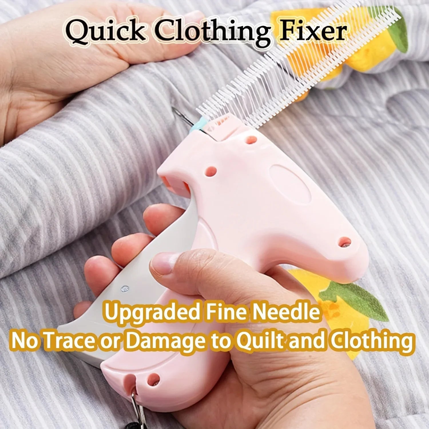 Showlu Micro Stitch Gun, portable clothing repair tool for quick hemming, shown in use for easy garment mending.