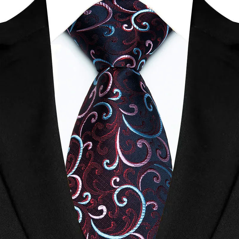 Purple luxury men's necktie with floral plaid and stripe pattern, jacquard woven design for business, wedding, or formal occasions.