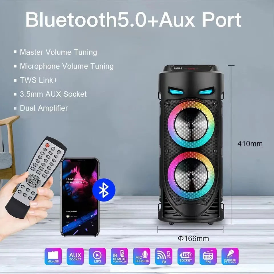 Portable MouZYuan 30W Bluetooth speaker with LED lights, HiFi wireless sound, compact subwoofer design, perfect for on-the-go music.