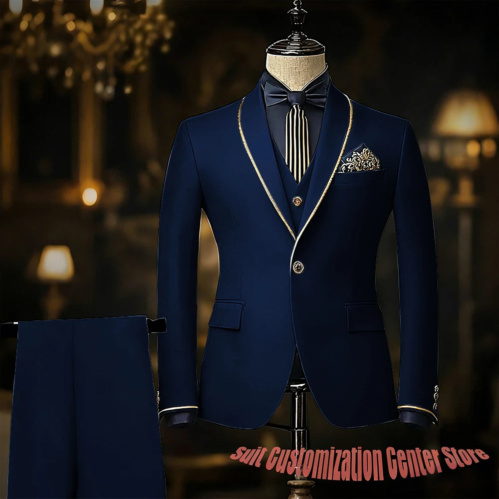 Navy blue men's suit with jacket, vest, and pants, slim fit tuxedo with shawl lapel, suitable for wedding or prom occasions.