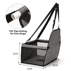 A grey foldable pet car seat with mesh sides and PVC pipe supports measuring 41 by 38 by 24 cm.