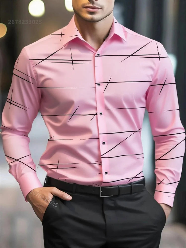Men's long-sleeved shirt with geometric 3D print, casual lapel design, large size, from Showlu Fashion Store.