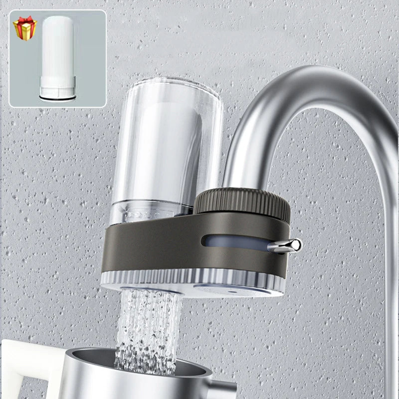 Showlu Faucet Water Purifier with washable physical filter and two filtering elements, mounted on a kitchen faucet.