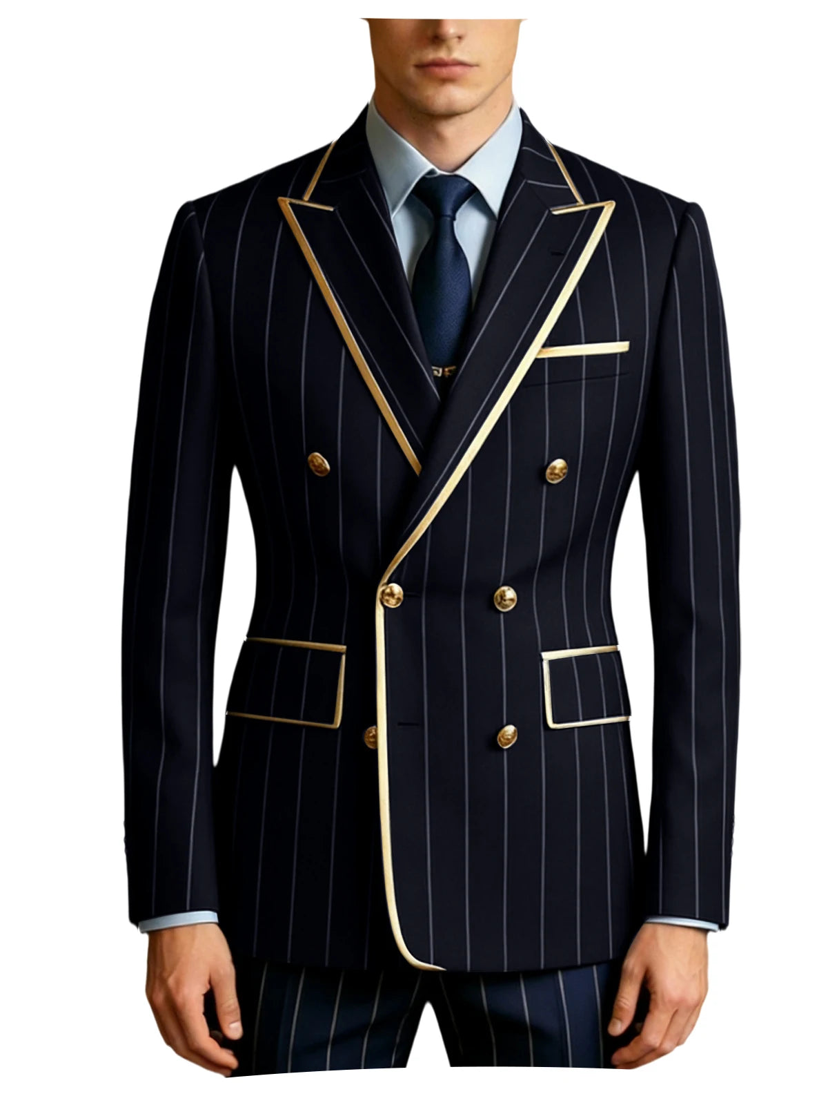 Men's Pinstripe Blazer Double Breasted Gold Trim Slim Fit Suit Jacket Peak Lapel Business Formal Tuxedo Coat for Wedding Prom