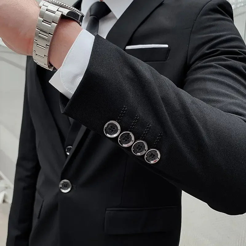 Men's 6XL casual suit with blazer, vest, and pants in solid color, suitable for business, wedding, or outdoor events.