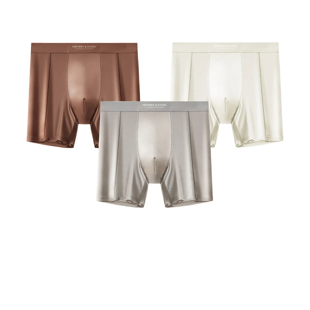 Luxury satin-like men's boxers in ice silk, antibacterial, breathable, quick-dry, high elastic, and long fit in a 3-pack.