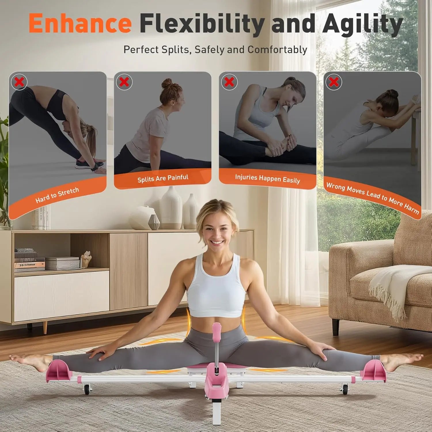 Showlu Smart General portable leg stretcher for flexibility training, with adjustable straps and padded support for hip and leg stretches.