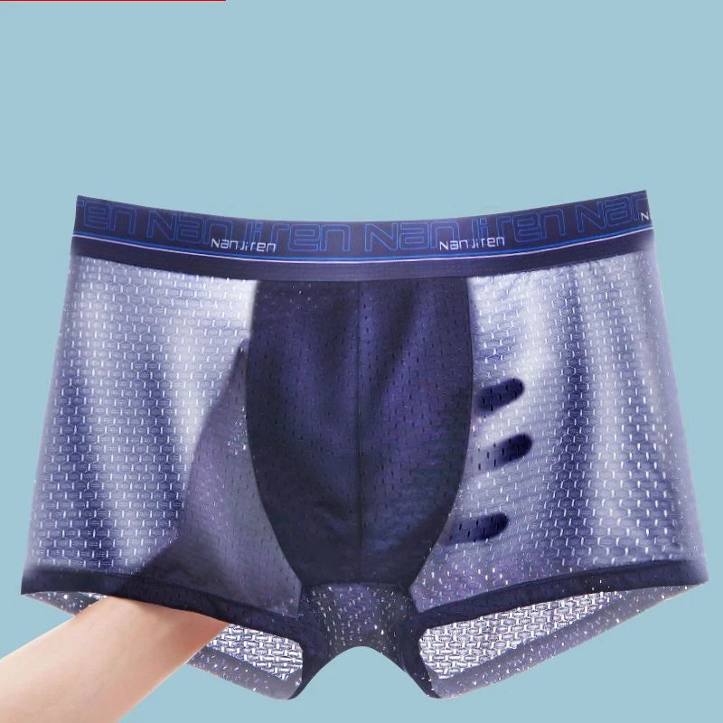 Showlu Men's Ice Silk Boxer Shorts with breathable mesh polyester fabric, featuring a comfortable elastic waistband and smooth finish.