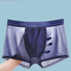 A pair of blue breathable mesh boxer shorts for men with a branded elastic waistband.