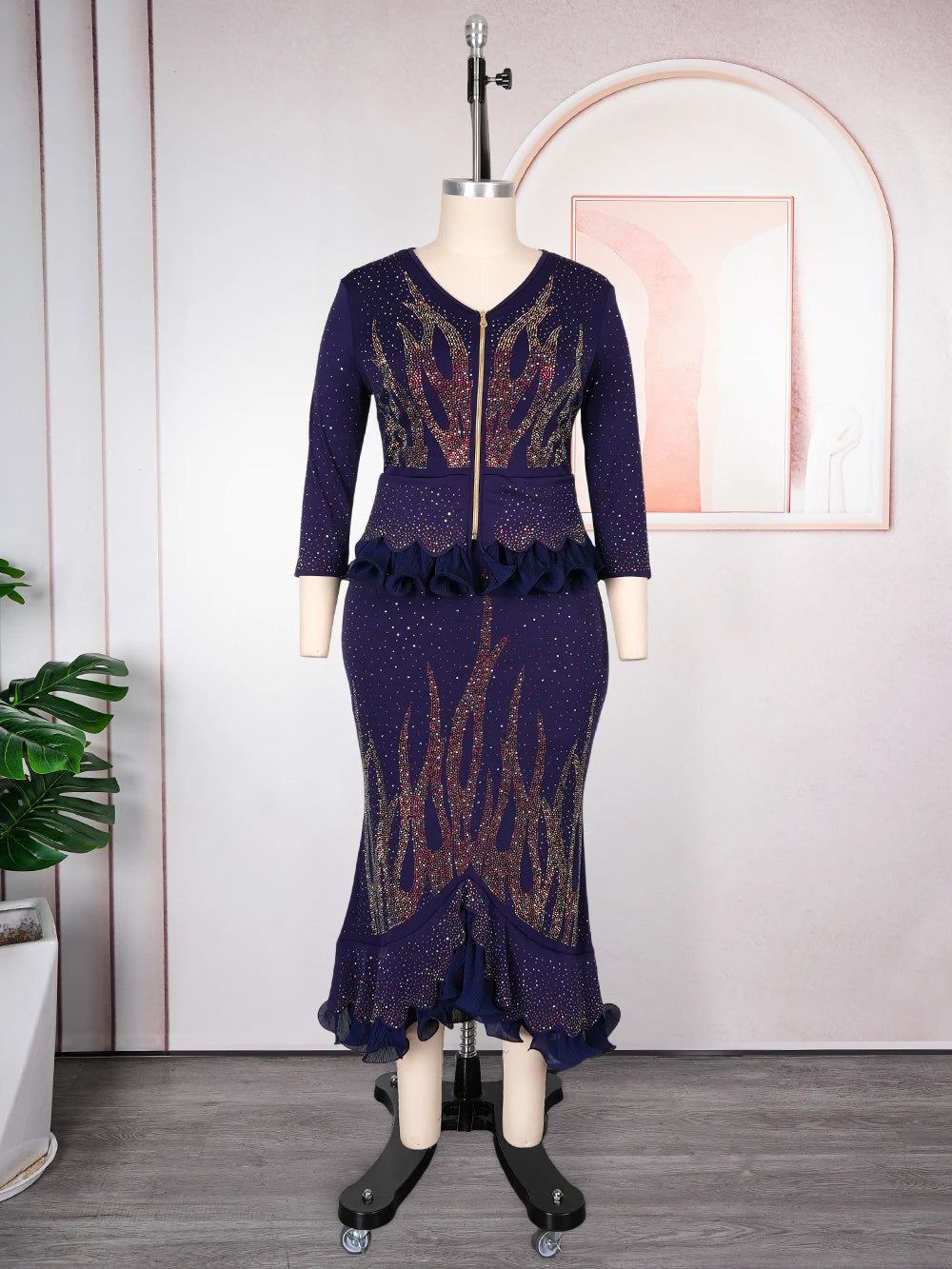 Plus Size African Clothes for Women Dashiki Diamond Luxury Wedding Evening Party Dresses 2 PCS Set Tops And Skirts Suits