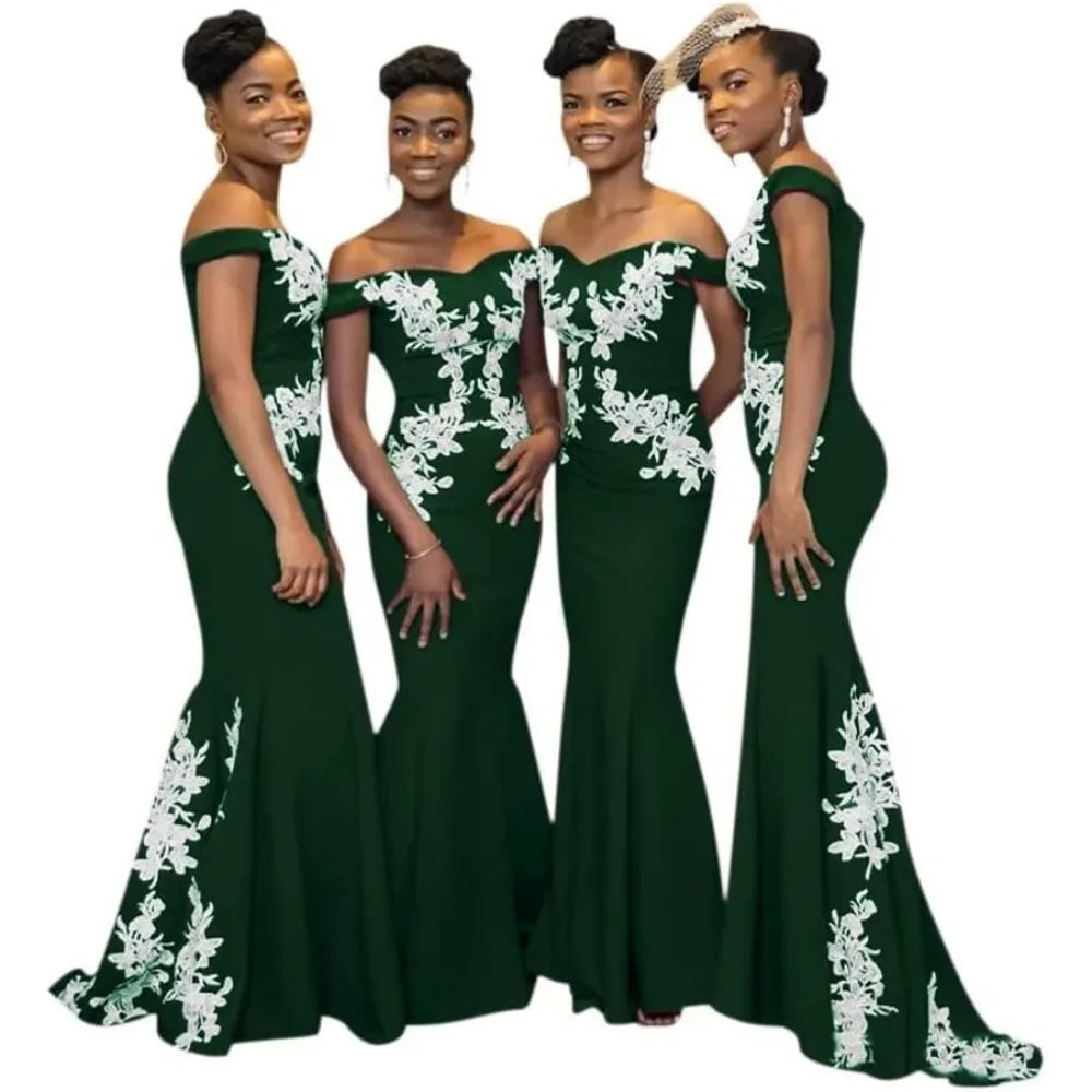 Burgundy off-the-shoulder mermaid satin bridesmaid dress by SHOWLU FASHION STORE, featuring a fitted silhouette and elegant design.