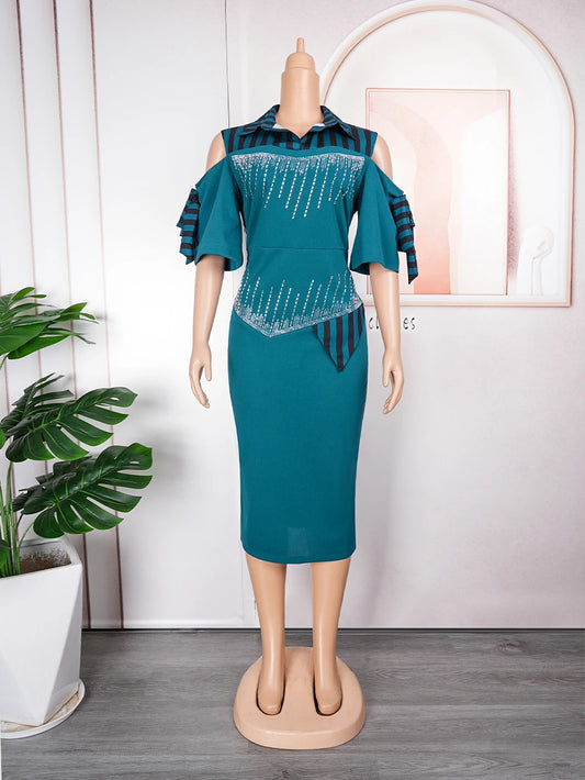 Elegant African Dresses for Women Short Sleeve Africa Clothing Plus Size Office Lady Party Dress Dashiki Ankara Outfits Robe