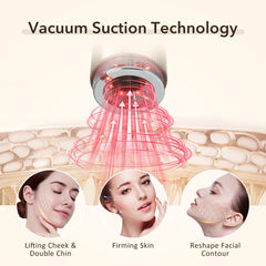 A facial massager device uses vacuum suction and red light to lift and firm skin.