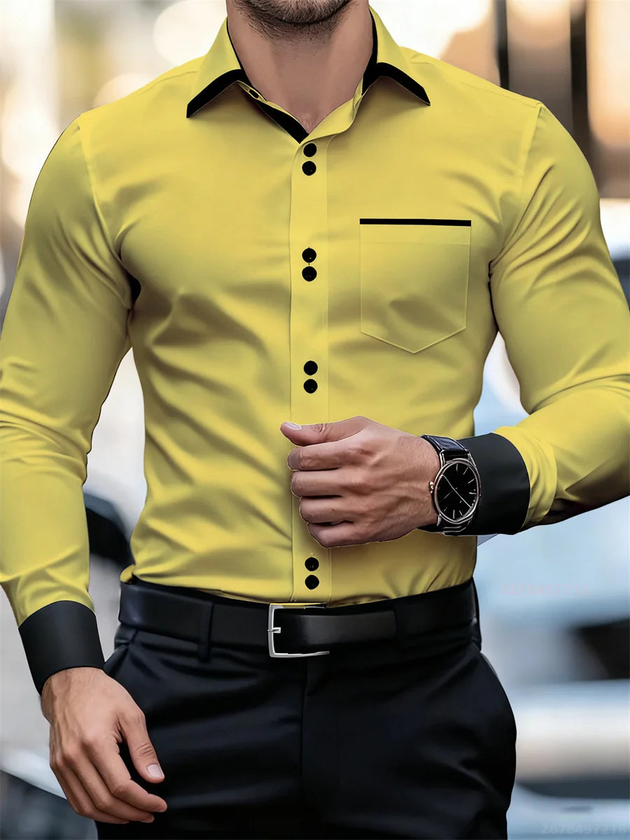 Men's black and white color block collar long sleeve shirt with slim fit, wrinkle-free patchwork design from Showlu Fashion Store