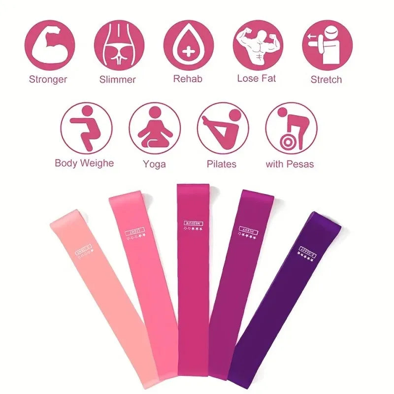 Set of Showlu Fashion Store fitness elastic resistance bands for home yoga, Pilates, Crossfit, and gym workouts, stretching, and training.