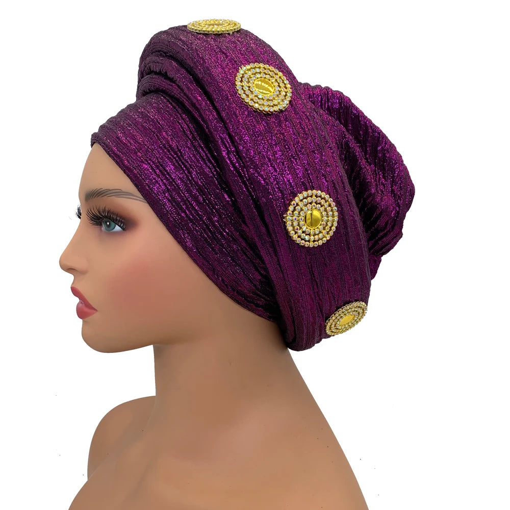 Already Made African Headtie Glitter Diamonds Women's Turban Cap Female Head Wraps Nigeria Wedding Auto Geles Party Headwear Hat