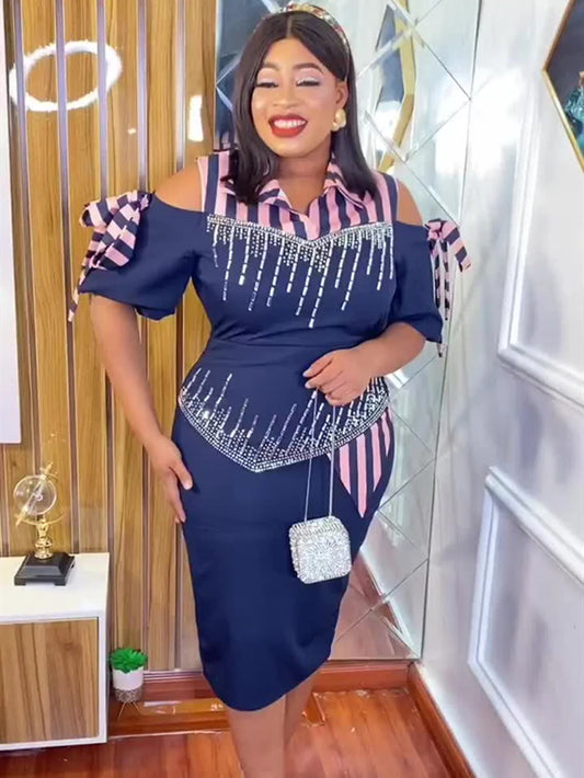 Elegant African Dresses for Women Short Sleeve Africa Clothing Plus Size Office Lady Party Dress Dashiki Ankara Outfits Robe