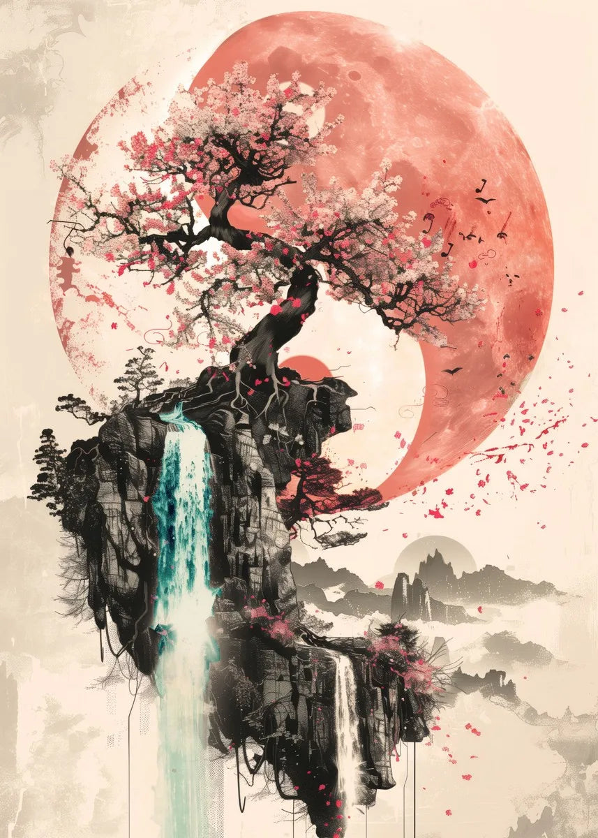 Japanese landscape art poster featuring samurai, geisha, bonsai, torii gate, sakura, and traditional scenery for home decor.