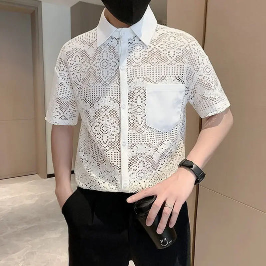 White Men's Shirt with Pocket Half Sleeve Plain Male Shirts Aesthetic Original Designer Collar Korean Style Casual New in Sale