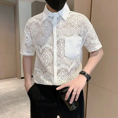 White Men's Shirt with Pocket Half Sleeve Plain Male Shirts Aesthetic Original Designer Collar Korean Style Casual New in Sale