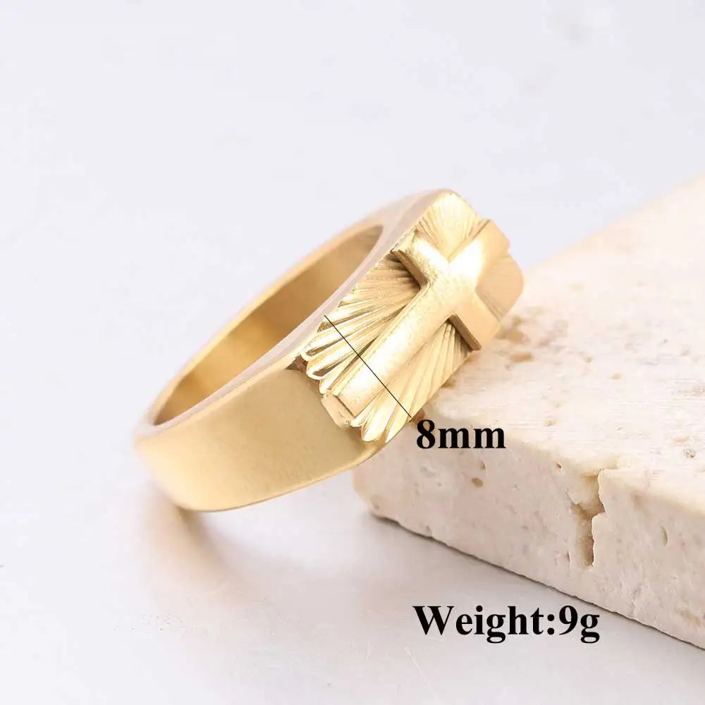Men's stainless steel cross ring with an 8mm sunburst design, religious band jewelry from Showlu Fashion Store.