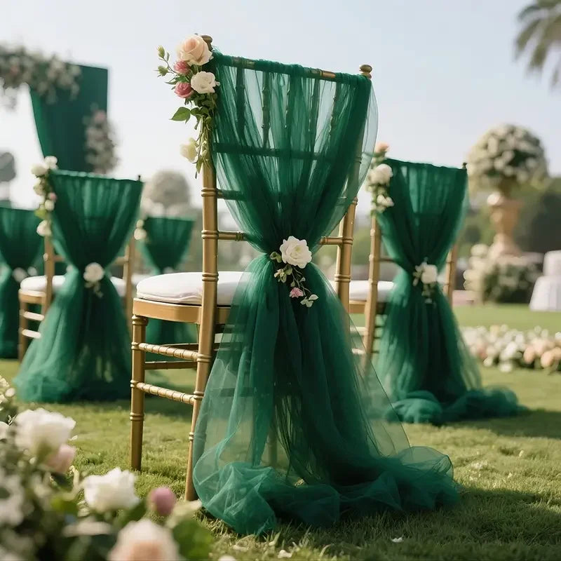 Set of 50-10 wedding chair sashes with gauze fabric in 200x75cm, featuring bows and covers for aisle and party decor.