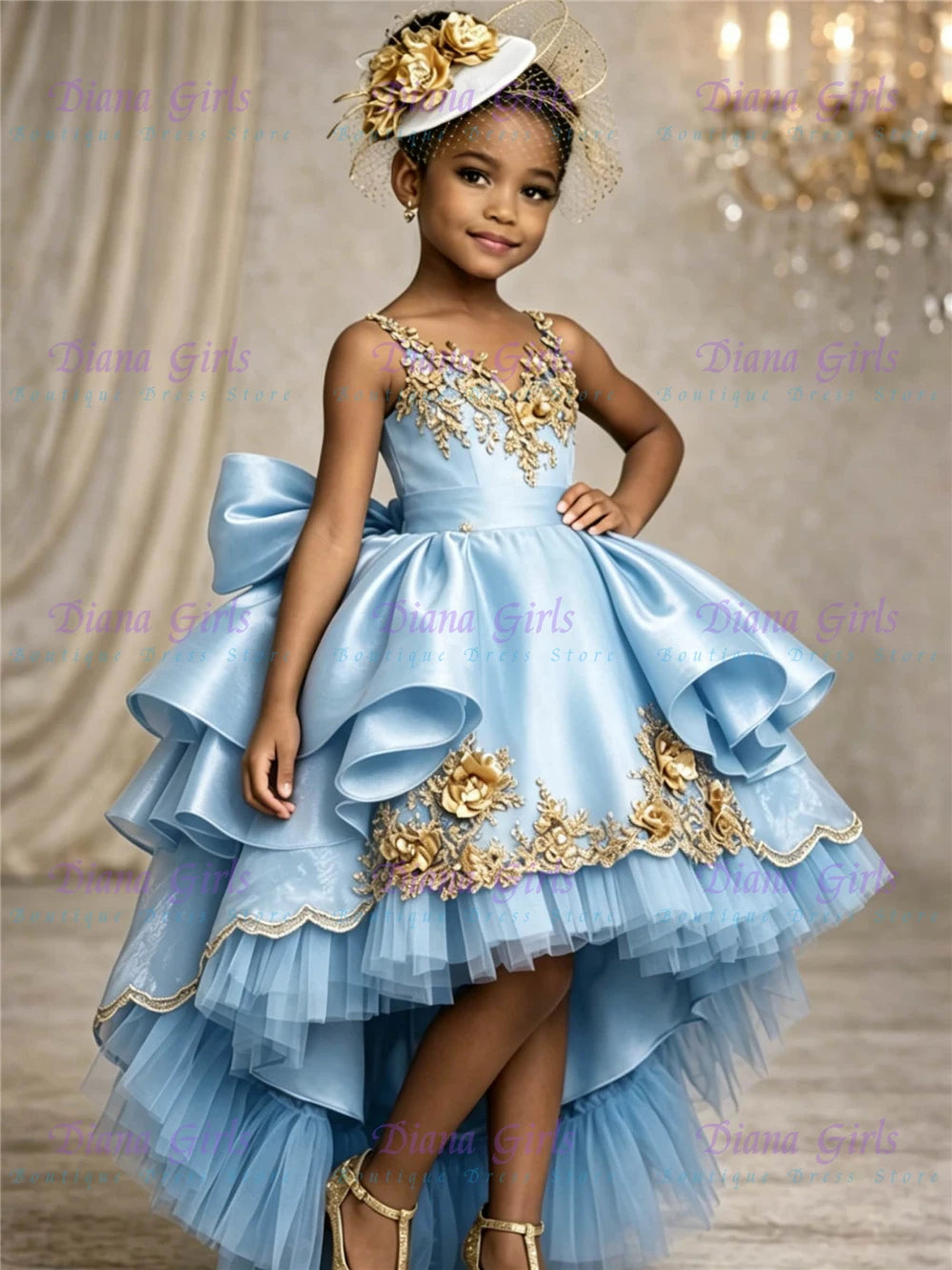 Lovely Quality Flower Girl Dress Blue Satin Fluffy For Girls Wedding Birthday Party Evening Baptism Gown Customizable Color Size