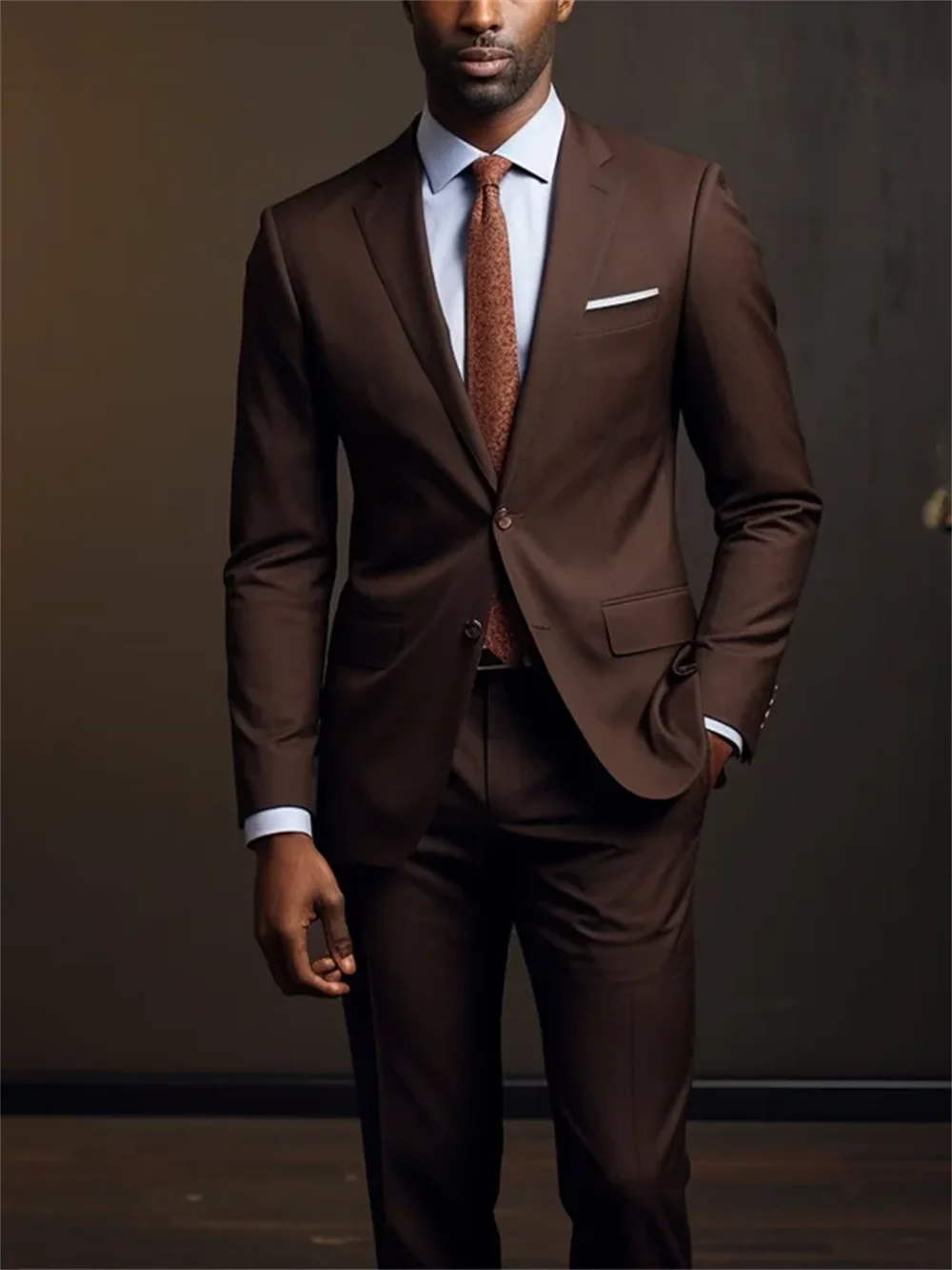 Dark brown men's suit set with single-breasted blazer and matching trousers, featuring notch lapel, for formal or casual occasions.