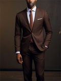 Dark brown men's suit set with single-breasted blazer and matching trousers, featuring notch lapel, for formal or casual occasions.