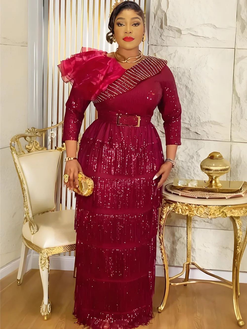 Plus size African party dress by Showlu Fashion, elegant 2025 maxi gown with dashiki, tassel, and sequin details for women.