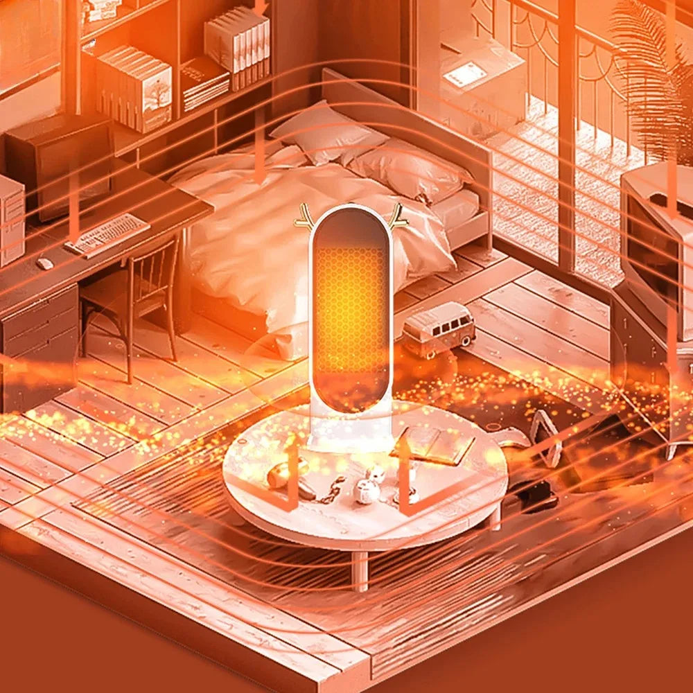 Showlu Smart General portable 500W electric desktop space heater fan on a desk, compact and energy-efficient heating device.