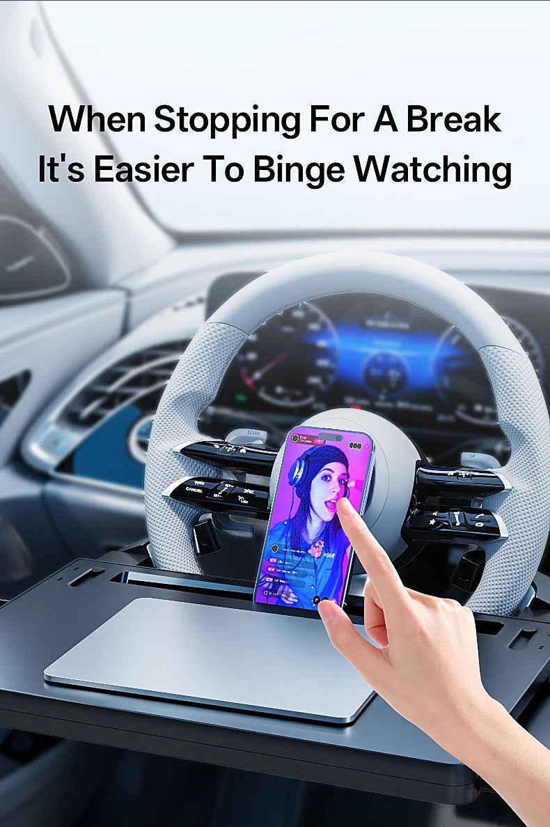 Showlu Smart General car steering wheel tray attached to a steering wheel, designed for holding snacks, drinks, or small items during driving.
