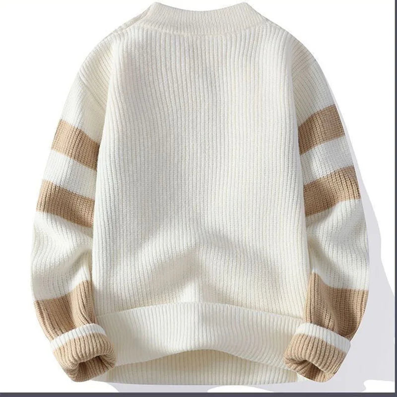 Men's autumn winter sweater by Showlu Fashion, long sleeve knitted pullover with mock neck, patchwork contrast colors, thick and stylish.
