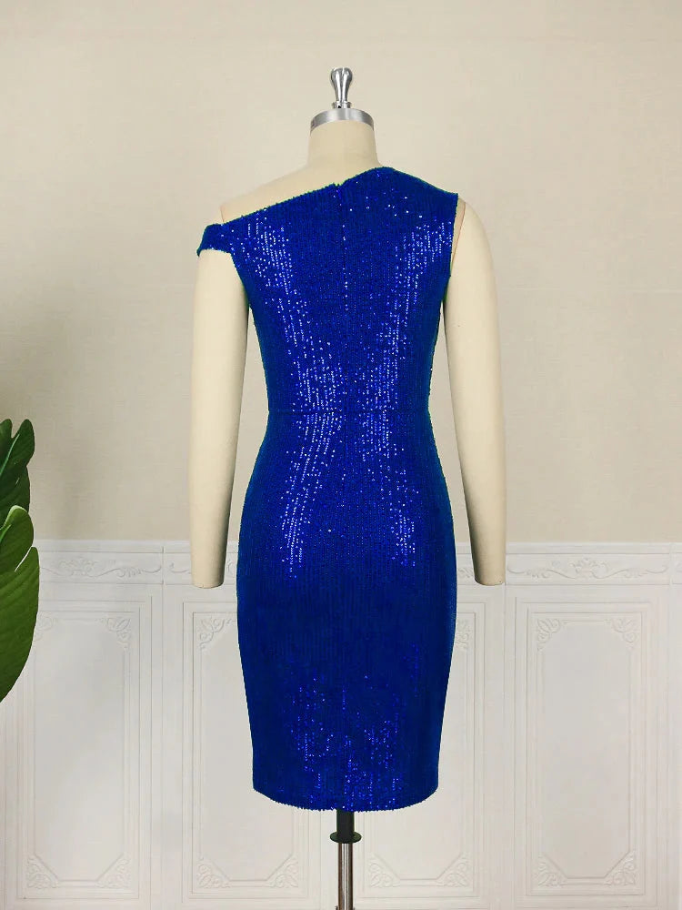 Plus size AOMEI women's one shoulder sequin bodycon party dress with long sleeves and shimmering silver sequins.
