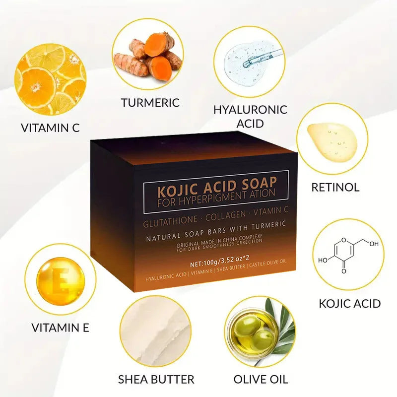 Kojic Acid Soap with Vitamin C, Turmeric, Retinol, Shea Butter, and Vitamin E for brightening and nourishing skin.