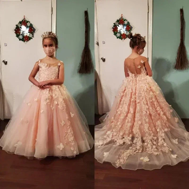 Pink flower girl dress with 3D floral and butterfly appliqué, by Showlu Fashion Store, featuring elegant details and a charming design.
