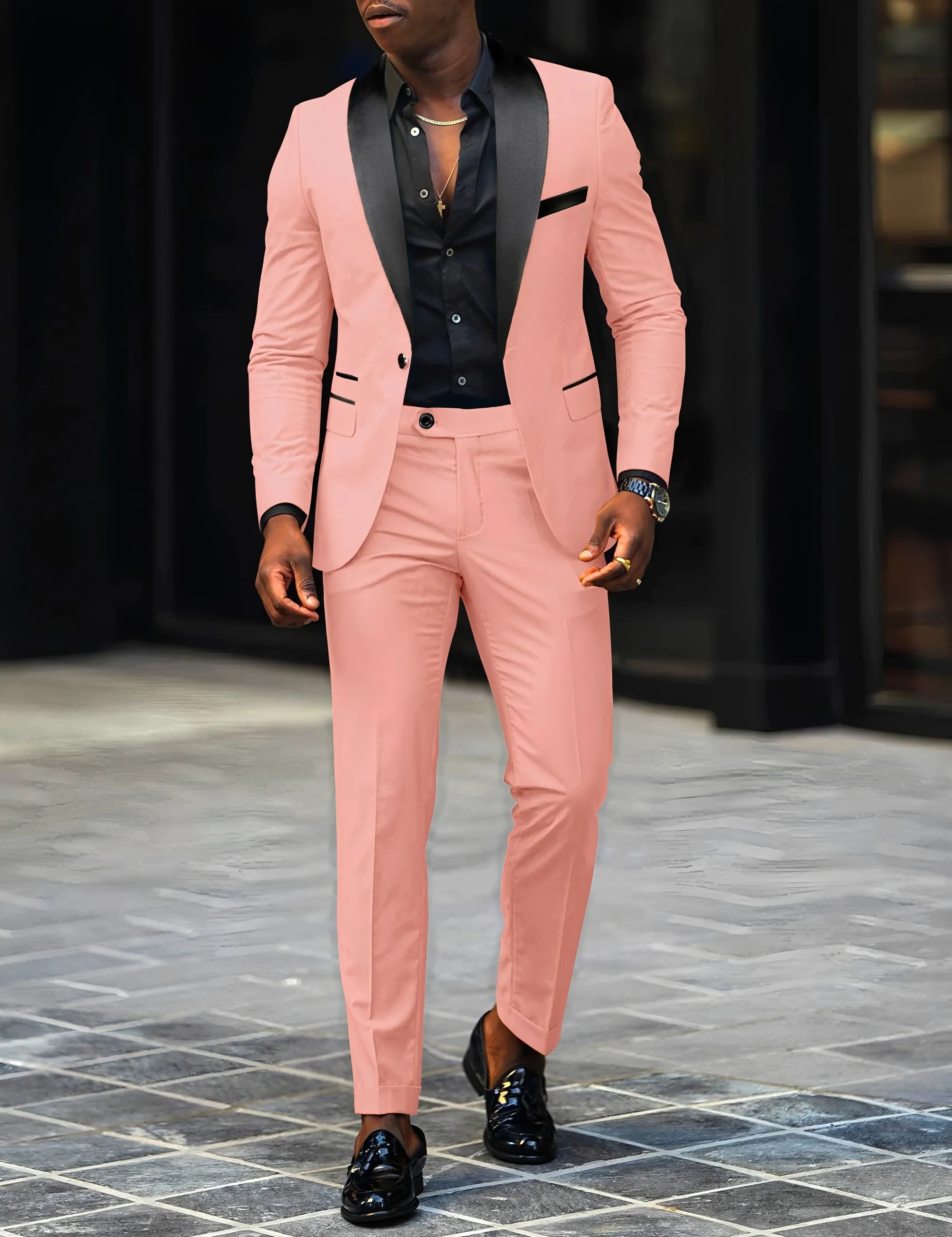 Slim fit men's wedding and business suit by Showlu Fashion Store featuring a single-button jacket and matching pants.