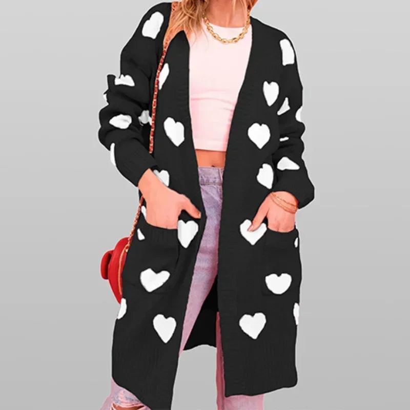 2025 Women Heart Maxi Sweater Cardigan Kintted Jacket Long Spring Valentine's Day Loose Crochet Winter Warm Jumper Coat Sweaters