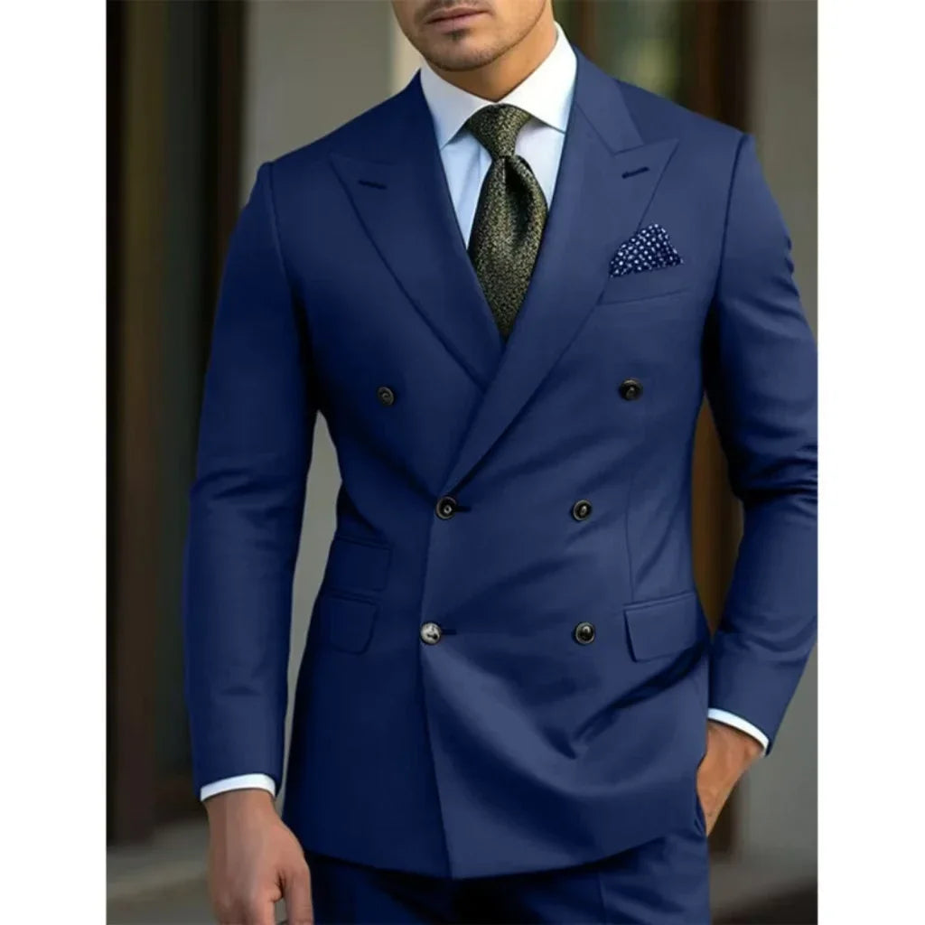 Men's two-piece suit set with slim high-quality jackets, pointed collar, peak lapel, suitable for summer weddings and beach events.