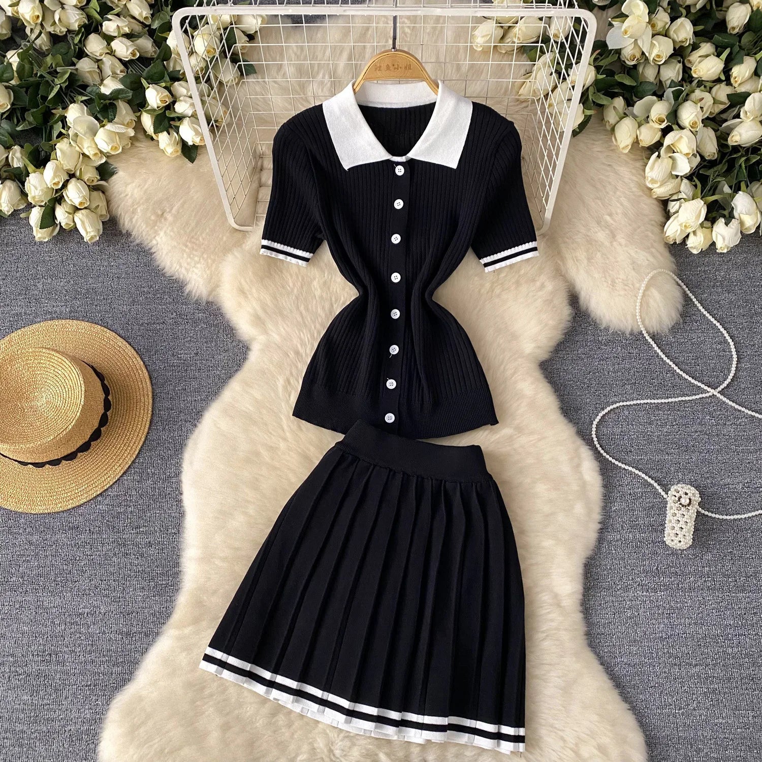 SHOWLU FASHION STORE women's two-piece mini skirt set with polo knit top and pleated skirt, stylish and casual for everyday wear
