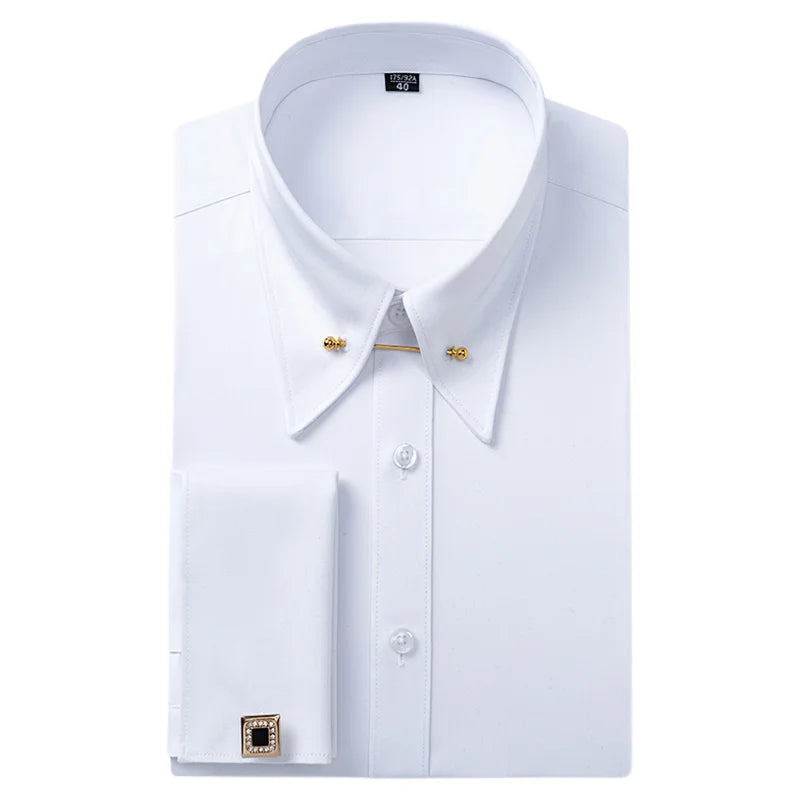 Embroidered French cufflinks on a men's long-sleeve dress shirt with collar pins, suitable for business formal wear.