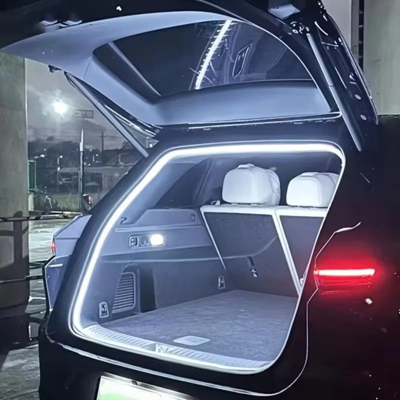LUMERIS Motion Sensor LED Car Trunk Light Strip showing ambient lighting inside a vehicle trunk with motion detection features