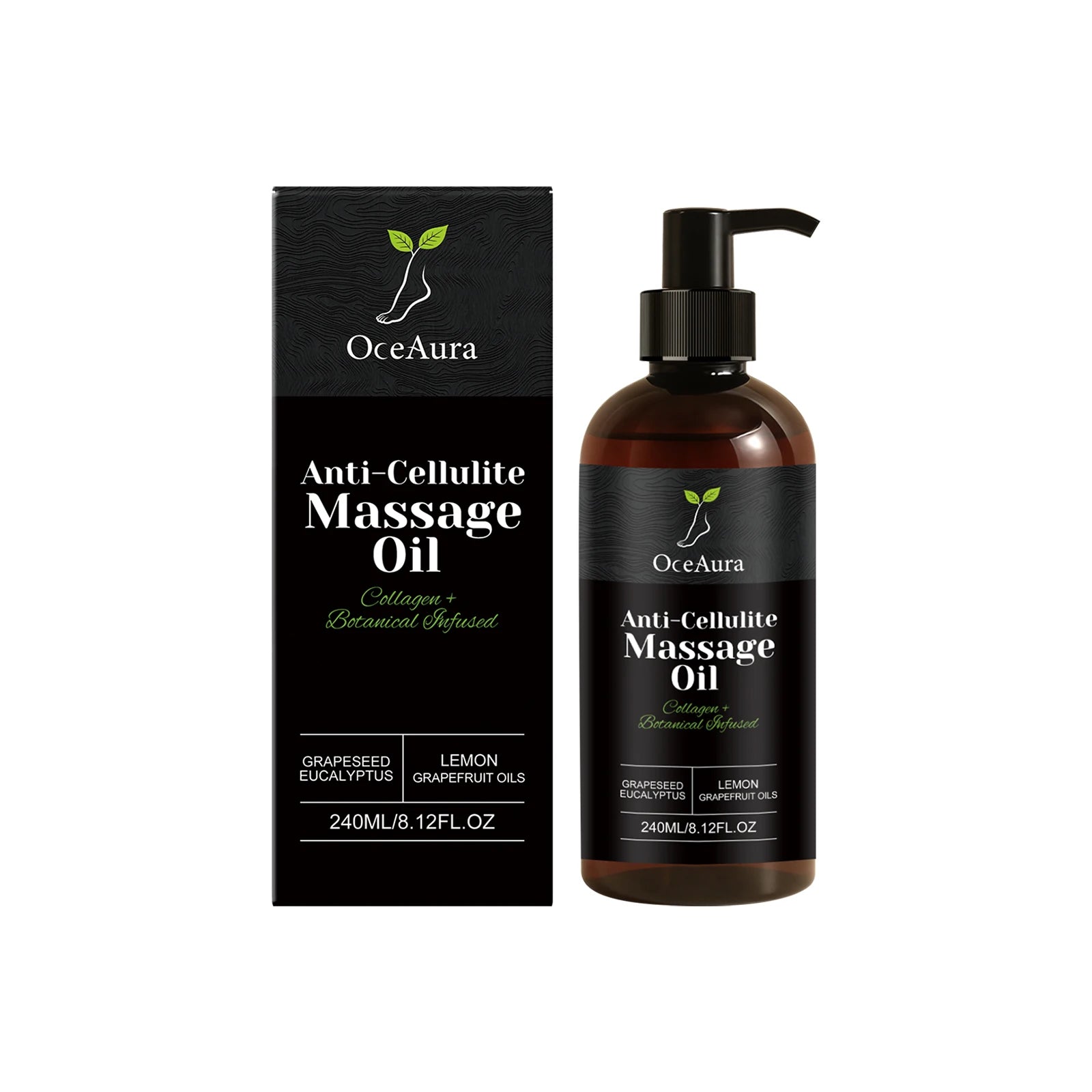 OceAura anti-cellulite massage oil by Showlu Fashion Store, featuring a sleek bottle with golden accents for firming and skin tightening