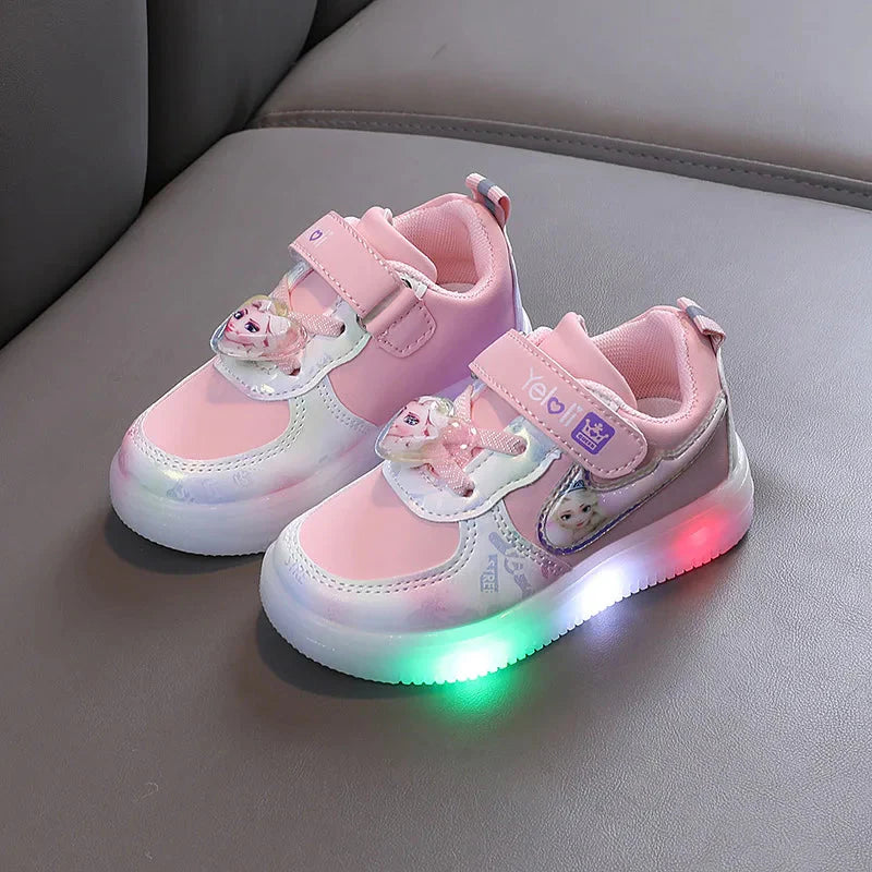 Disney Frozen Elsa girls LED light-up sneakers by SHOWLU FASHION STORE, breathable sport shoes with Elsa design and glowing lights.