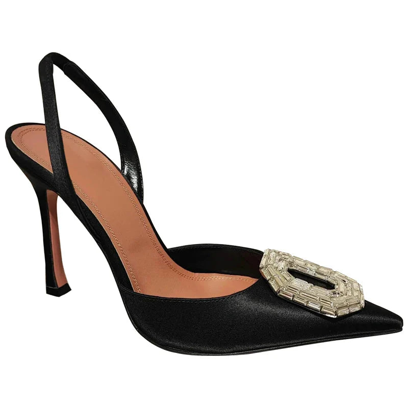 Black silk stiletto heels for women with rhinestone accents and pointed toes, showcasing elegant SHOWLU FASHION STORE footwear.