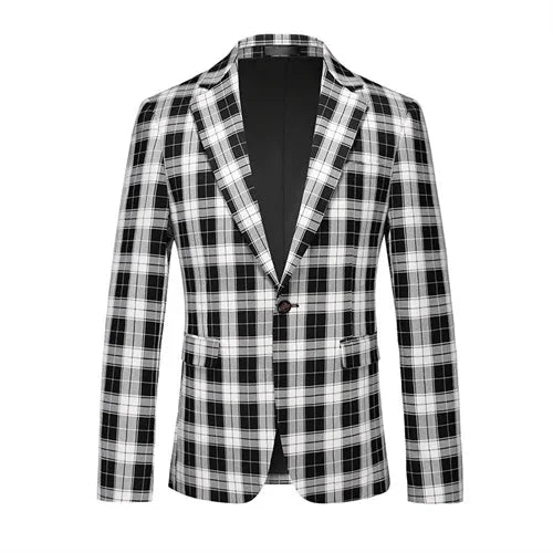 Showlu Fashion Men's plaid slim fit business suit jacket with single-breasted blazer and classic collar, suitable for formal occasions.