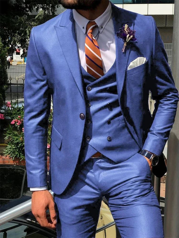 Dark blue SHOWLU men's 3-piece slim fit suit with cotton tuxedo style, featuring a tailored blazer, vest, and matching trousers.