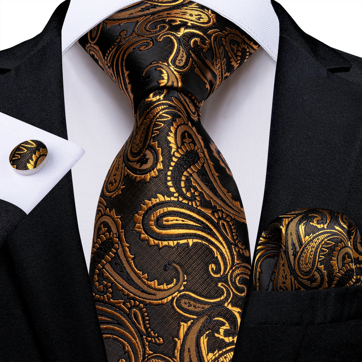 Gift Men Tie Luxury Gold Black Striped Paisley Silk Wedding Tie For Men DiBanGu Designer Hanky Cufflinks Fashion Tie Set